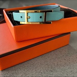Hermes Turquoise Double Tour H Bracelet with Gold Hardware